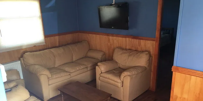 Sala de estar de una cabaña con sillones y TV